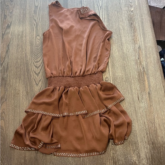 Venus Western Smocked Sleeveless Mini Tier Dress Satin Studded Brown Size 44 - Picture 6 of 6